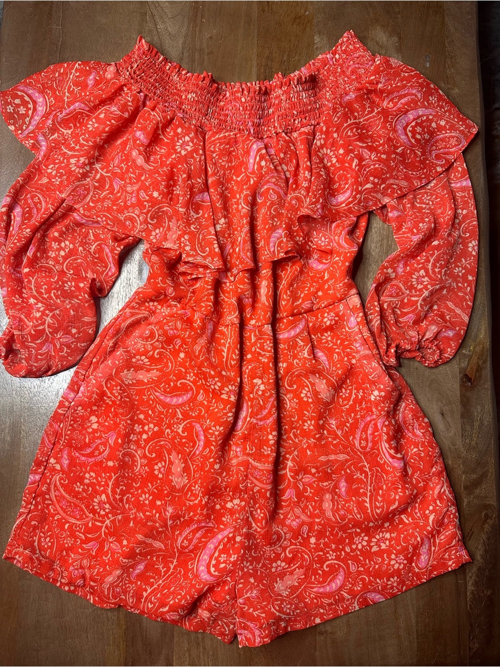 1.STATE Coral Orange Off-Shoulder Smocked Top with Floral Detail